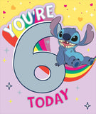 UK Greetings Disney Stitch girl birthday card featuring colorful Disney Stitch design for a 6th birthday celebration.