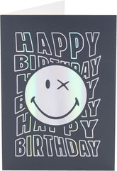 UK Greetings Silver Foil Smiley World birthday card featuring bright smiley face design, ideal for boys and men.