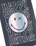 UK Greetings Silver Foil Smiley World birthday card featuring cheerful smiley face design, suitable for boys and men.