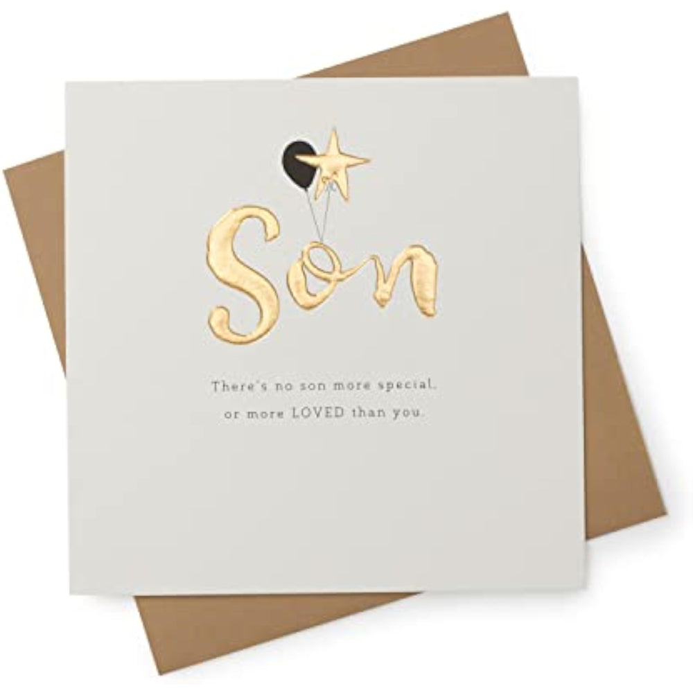 UK Greetings birthday card featuring a heartfelt message for a son, with colorful, cheerful design and special occasion theme.