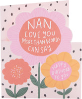 UK Greetings birthday greeting card for Nan featuring bright floral design, with colorful flower illustrations on the front.