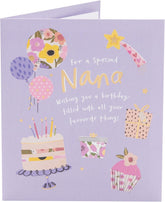 UK Greetings birthday greeting card for Nana featuring Favourite Things design with colorful illustrations and heartfelt message.