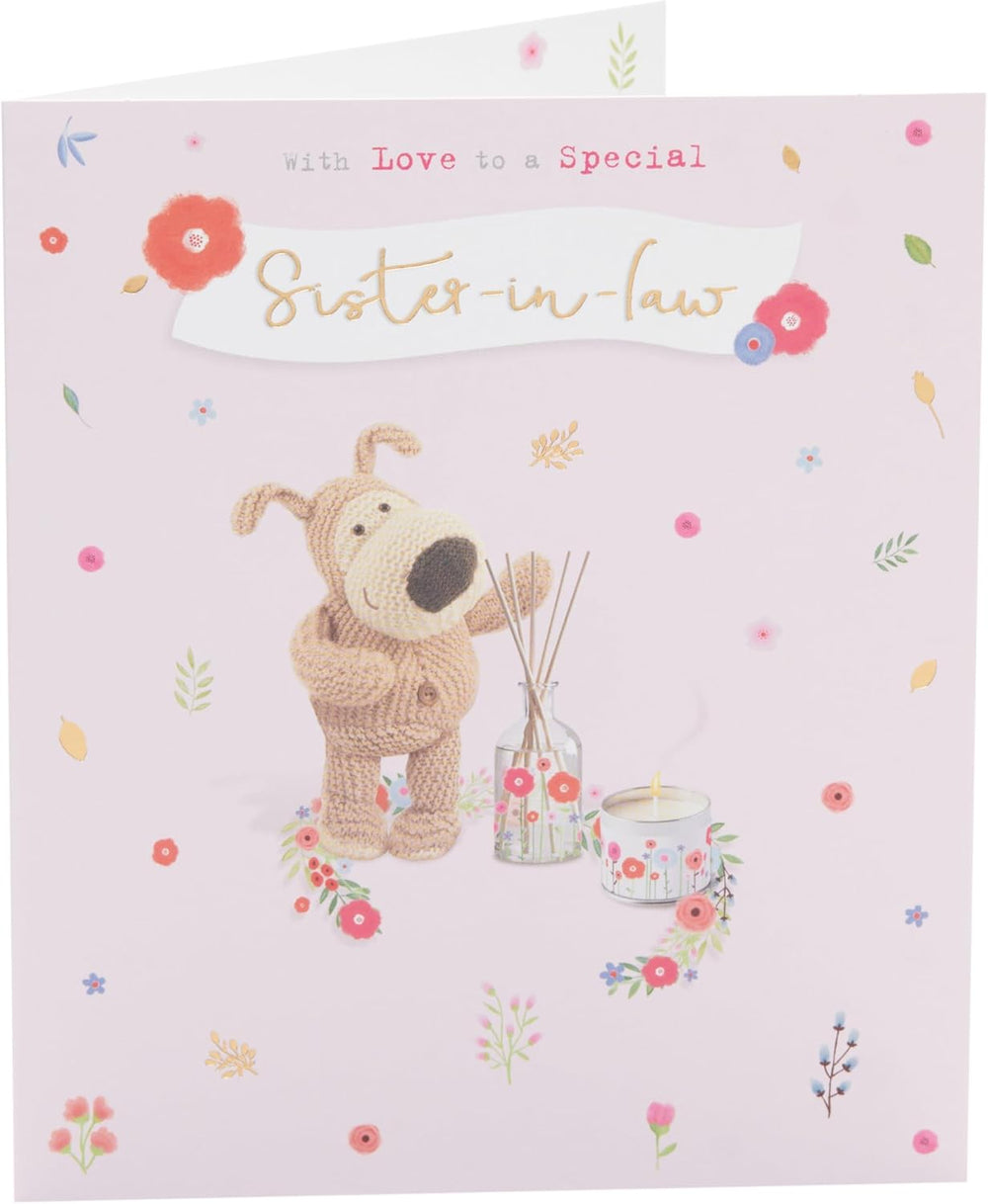 UK Greetings Boofle birthday greeting card for sister-in-law featuring a cute design with colorful illustrations and cheerful message.
