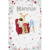 Boofle with coffee mug Christmas card featuring Nannie, UK Greetings, festive holiday design with cheerful holiday imagery.