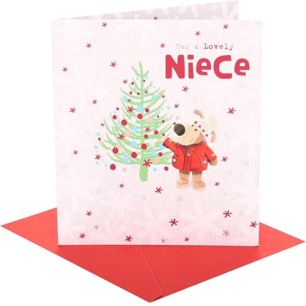 UK Greetings Boofle Christmas card featuring a festive design with a cute Boofle character near a decorated Xmas tree.