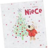 UK Greetings Boofle Christmas card featuring a festive scene with a cute Boofle character near a decorated Christmas tree.