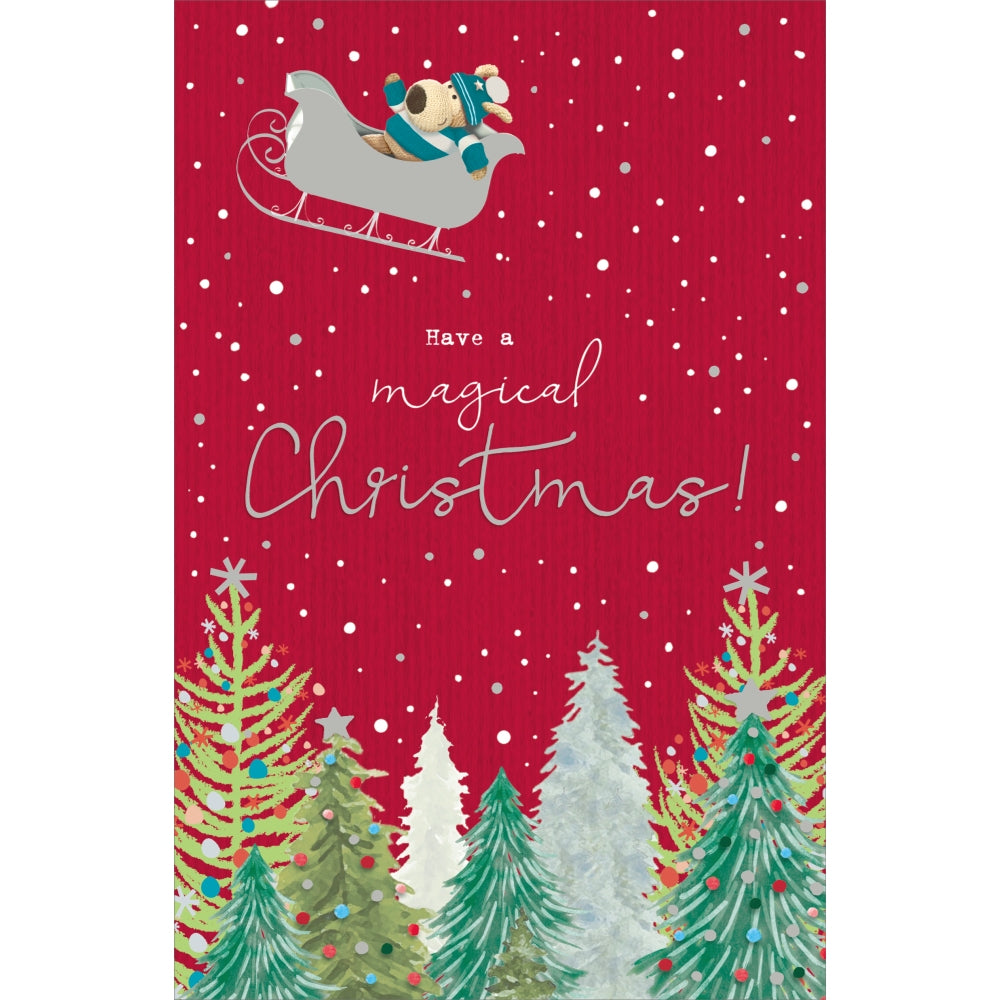 UK Greetings Boofle on Sleigh Christmas card featuring festive illustration of Boofle riding a sleigh for holiday cheer