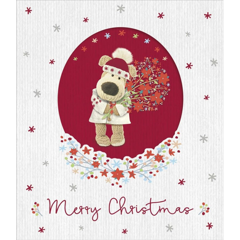 UK Greetings Boofle Christmas card featuring a cute Boofle character with a festive bouquet design.