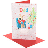 UK Greetings Boofle Christmas Card featuring a cute Boofle character holding a coffee mug, designed for dads during Christmas.