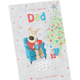 UK Greetings Boofle Christmas card featuring a cute Boofle dog holding a coffee mug, perfect for Dad's holiday greeting.