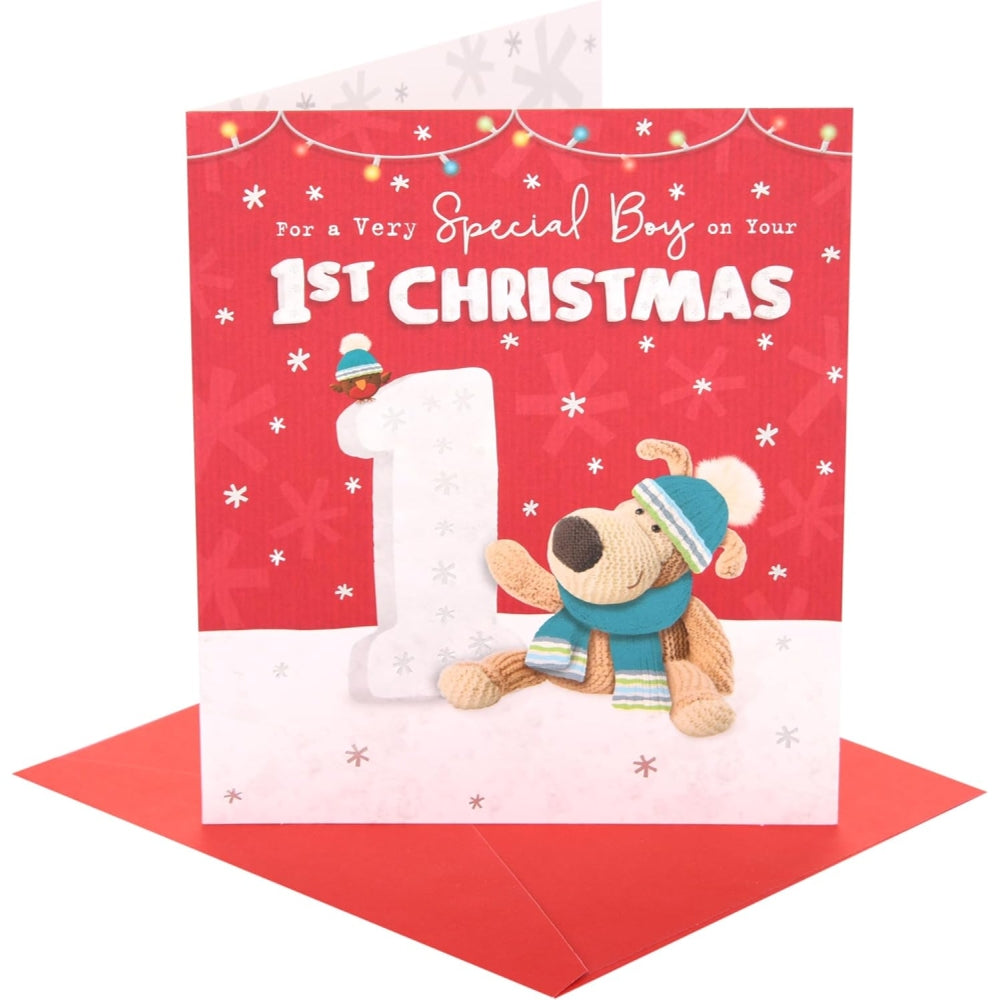 UK Greetings Boofle 1st Christmas Card featuring a special boy with festive holiday design and cheerful holiday imagery.
