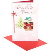 UK Greetings Boofles Christmas card featuring a daughter and fiancé near a decorated Christmas tree.