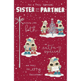 UK Greetings Boofles Christmas card featuring sister and her partner on a storyboard, festive holiday greeting card design