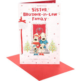 UK Greetings Boofles Christmas Card featuring brother-in-law, sister, and family outside a festive house scene