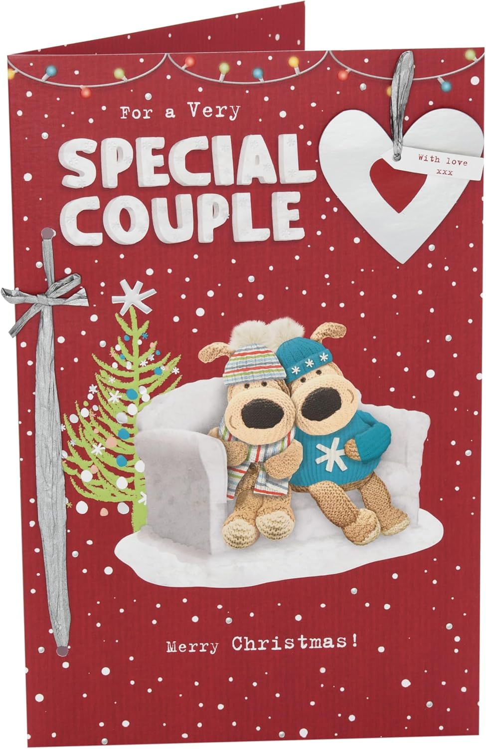 UK Greetings Boofles sitting on couch Christmas card featuring a cute cartoon couple, perfect for holiday greetings.