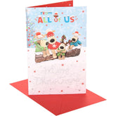 UK Greetings Boofles sitting on a log Christmas card featuring festive holiday scene and colorful holiday illustration.