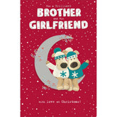 UK Greetings Boofles Christmas card featuring Boofles sitting on a moon with his brother and girlfriend, festive holiday design.