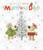 UK Greetings Christmas card featuring Boofles standing by a Christmas tree, with a design for mum and dad.