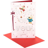 UK Greetings Boofles Christmas Card featuring a standing Boofles character next to festive lettering for "Both of You".