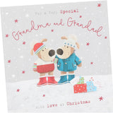 UK Greetings Boofles Christmas card featuring Grandma and Grandad with presents, festive holiday design with colorful characters.