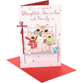 UK Greetings Boofles Christmas card featuring stockings and family scene with daughter, son-in-law, and family members.