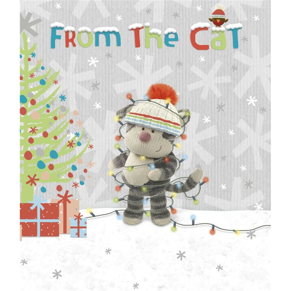 UK Greetings Christmas card featuring a playful cat design with colorful string lights, perfect for holiday greetings.