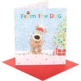 UK Greetings Christmas card featuring dog-themed Around Lights design, with festive holiday imagery on the front.