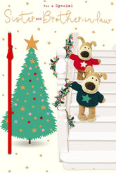 Christmas greeting card for sister and brother-in-law featuring a cute Boofle dog and festive design by UK Greetings.