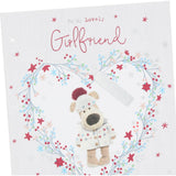UK Greetings Boofle Christmas greeting card featuring a cute heart design for girlfriends, with festive and romantic artwork.