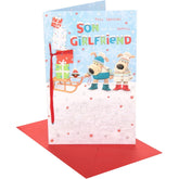 UK Greetings Boofles sleigh Christmas card featuring a cute festive design with Son and Girlfriend characters for holiday greetings.