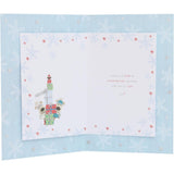 UK Greetings Boofles Christmas greeting card featuring a festive sleigh with son and girlfriend characters in cute holiday design