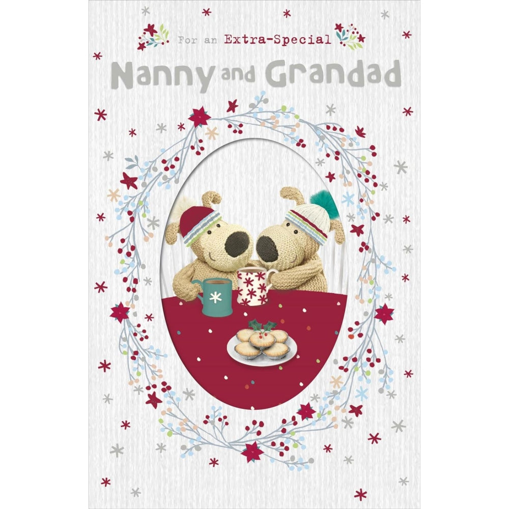 UK Greetings Boofles Christmas greeting card featuring coffee mugs for Nanny and Grandad, festive holiday design.