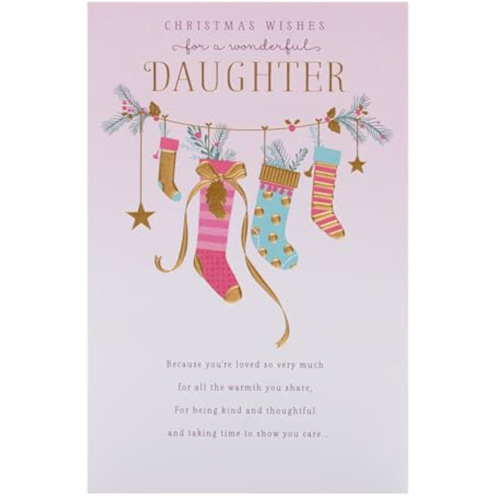 UK Greetings Christmas card for daughter featuring pink stockings design, festive holiday greeting card with cheerful Christmas imagery.