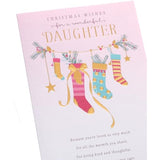 UK Greetings Christmas card for daughter featuring pink stockings design, festive holiday greeting and cheerful holiday scene.