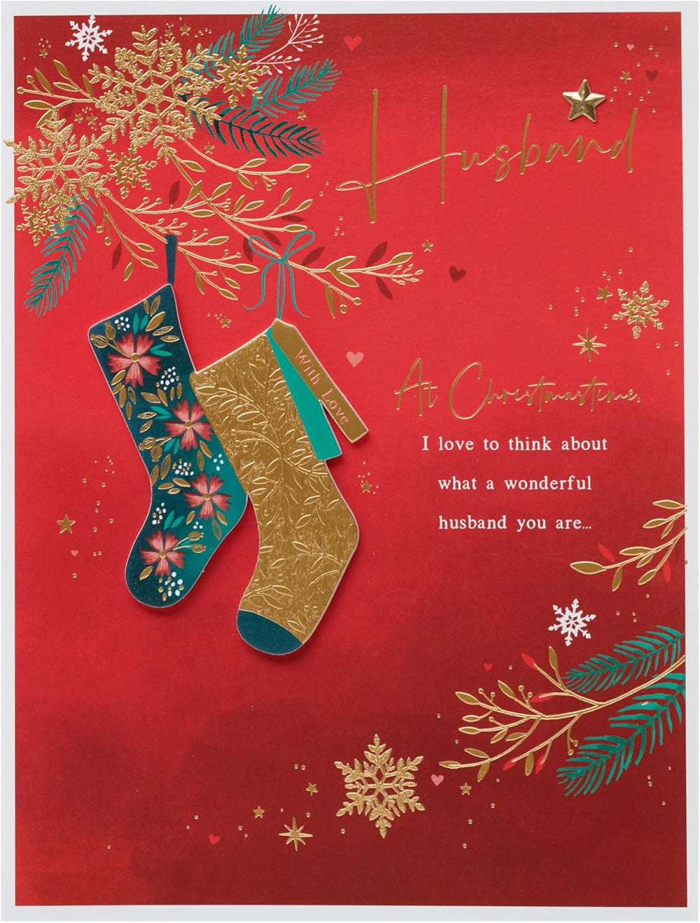 UK Greetings Christmas card for husband featuring a deep red and gold festive design, perfect for holiday greetings.