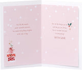 UK Greetings Christmas greeting card for mum featuring hanging ornaments design on the front.