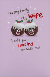 UK Greetings Christmas card for wife featuring fun pudding festive design, perfect for holiday greeting and seasonal cheer.