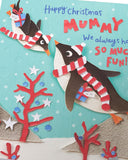 UK Greetings Christmas greeting card for Mummy featuring cute penguins and festive holiday design, ideal for seasonal greetings.