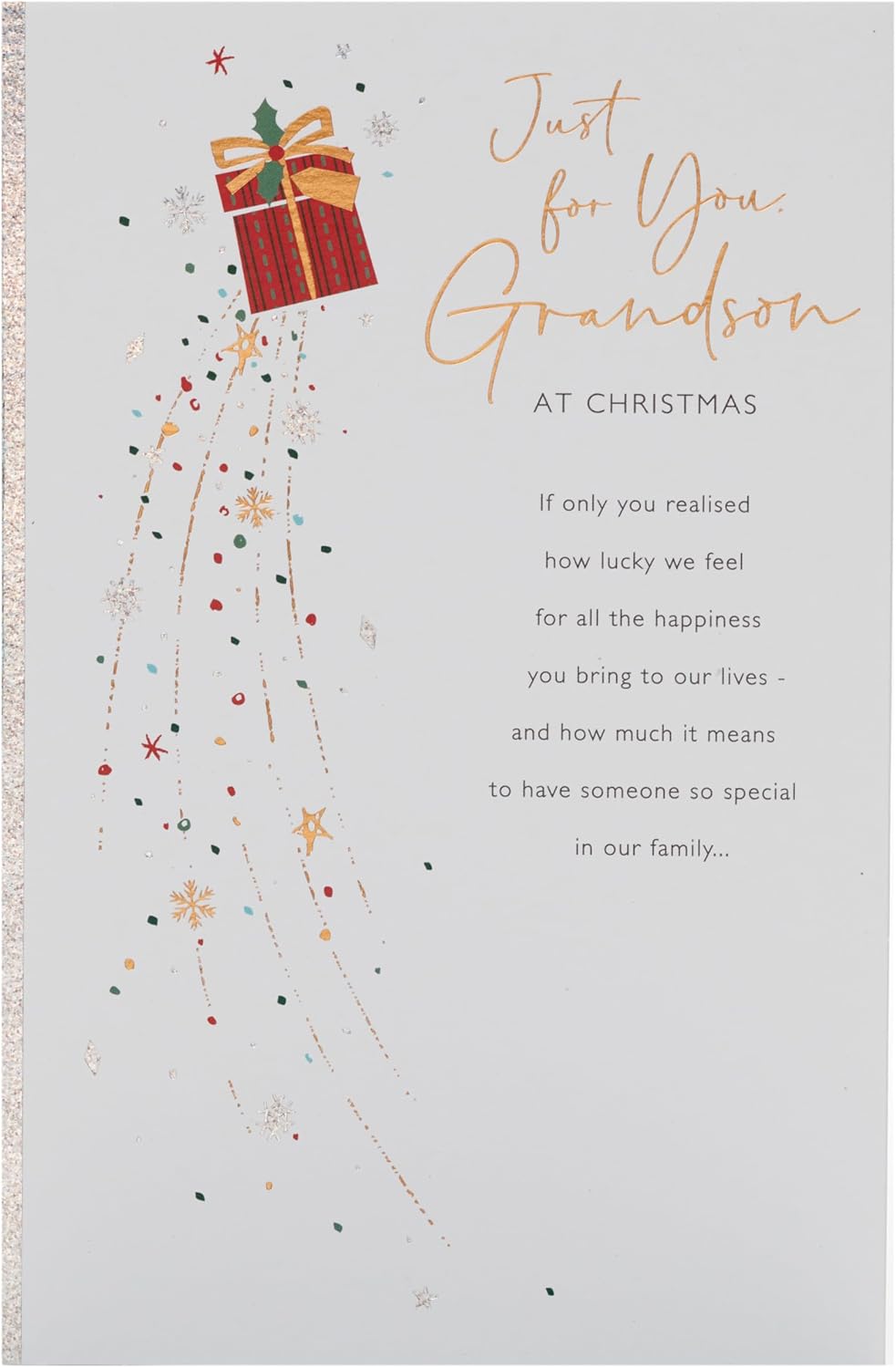 Festive UK Greetings Christmas greeting card for grandson featuring a present and snowflake illustration.