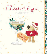 Festive UK Greetings Christmas greeting card featuring Boofle dog holding a cocktail glass design.