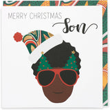 UK Greetings Kindred X Afrotouch Son Christmas card featuring bold, stylish festive design with holiday greeting and decorative elements.