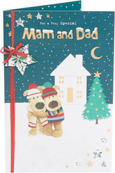 UK Greetings Mam and Dad Christmas greeting card featuring a cute Boofles character outside a festive house.