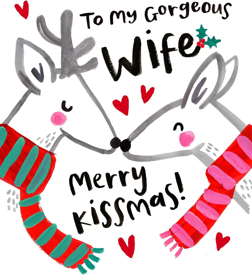 UK Greetings Christmas greeting card featuring a reindeer design and the message "To My Gorgeous Wife Merry Kissmas" for the holiday season