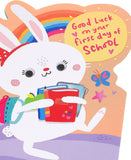 UK Greetings cute bunny first day at school card featuring an adorable cartoon bunny design for celebrating new school adventures.