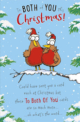 Funny Robin Couple Christmas Card by UK Greetings featuring a humorous illustration of a robin pair for the holiday season