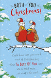Funny Robin Couple Christmas Card by UK Greetings featuring a humorous illustration of a robin pair for the holiday season