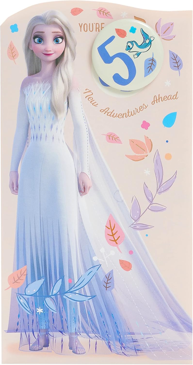 Disney Frozen Princess Elsa birthday card by UK Greetings featuring a "You're 5" message and a badge, with a Frozen adventure theme.