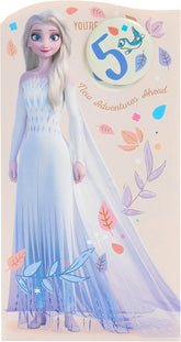 Disney Frozen Princess Elsa birthday card by UK Greetings featuring a "You're 5" message and a badge, with a Frozen adventure theme.