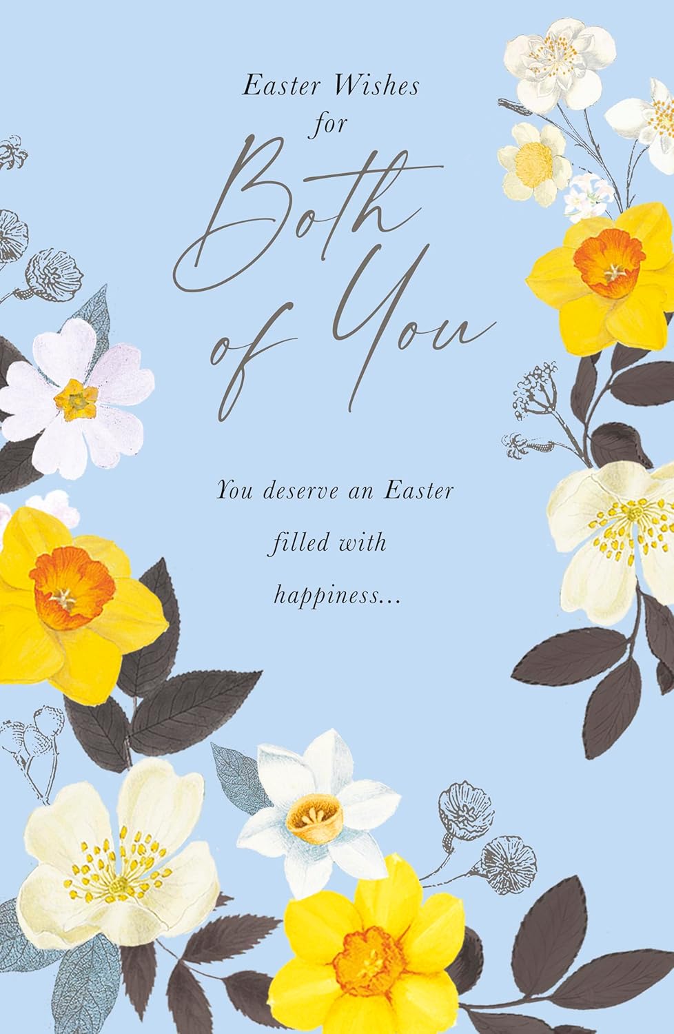 UK Greetings Easter card featuring daffodil illustrations with the message "Rhs for Both of You" on an artistic greeting card.