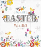 UK Greetings Easter Card with special Easter wishes and embellished design, featuring colorful spring-themed decorations.